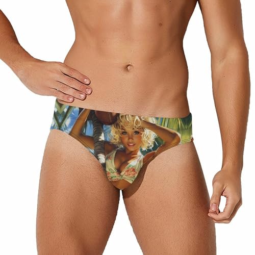 Pacificaisland Coconut Pin-Up Girl Mens Swim Briefs Quick Dry Swim Trunk Bikini Underwear Swimsuit