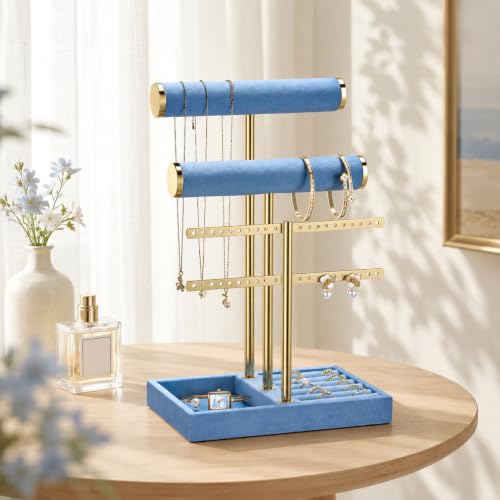 Image of Jewelry Organizer Stand for Necklaces, Bracelets, Earrings, Rings, Blue