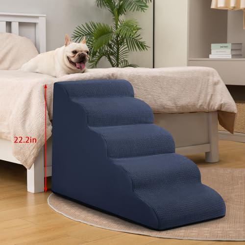 Image of Aodisman Dog Stairs for High Bed,5-Step Pet Ramp for Small Dogs and Cats | 22.2 inch H Dog Steps for Bed with High-Density Foam, Help Olders,Short-Legged Dogs,Puppy and Cats Get on Beds Easily,Grey,Blue