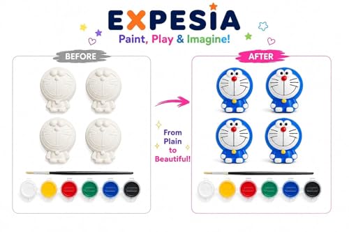 Image of EXPESIA Paint Your Own Doremon Cartoon Figurine Kit for Kids, DIY Ceramic Craft Set, 6 Paint Colors with Brush, 4 Pack