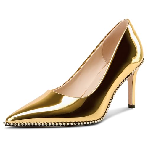 Image of TNYNFBEB Womens Stiletto Mid Heel Pointed Toe Pumps Slip-on Sliver Beaded Prom Wedding Dress Basic Classic Patent Leather 3.5 Inches Heels