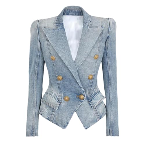 Women Notched Washed Denim Outwear Jackets Double Breasted Slim Short Casual Blazer