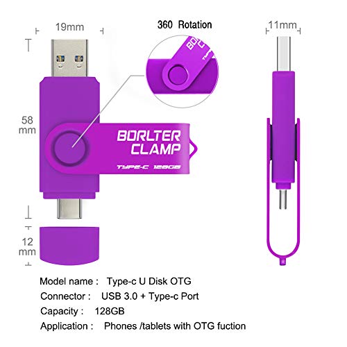 Type C USB Stick 128GB, BorlterClamp 2 in 1 OTG Speicherstick USB 3.0 Doppelanschluss USB C Flash-Laufwerk für Android Smartphone Samsung S10/S9/S8, Huawei, Tablets und Computer (Lila)