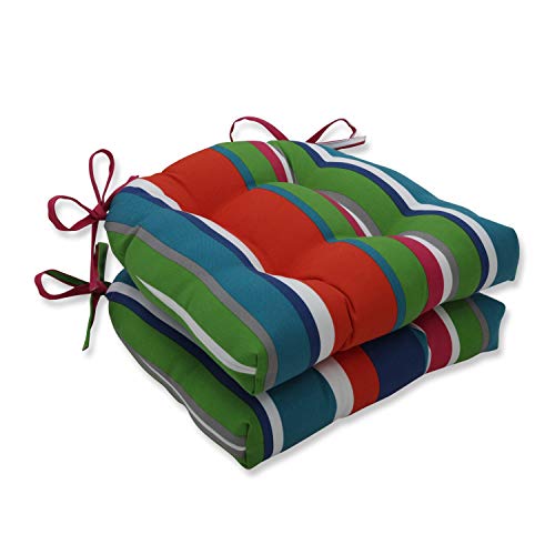 Pillow Perfect Stripe Outdoor Patio Reversible Chairpad With Ties, Weather, And Fade Resistant, 15.5" X 16", Blue/Green St. Lucia, 2 Count #TOP1