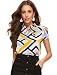 Romwe Women's Print Casual Short Sleeve Bow Tie Blouse Top Shirts Multicolor M