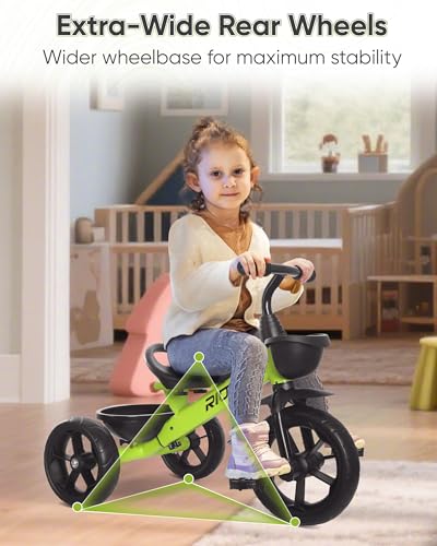 RIDYEE Toddler Tricycle for 1.5 to 5 Years, Tricycle for Ages 2-4 Years, Extra-Wide Rear Wheelbase for Stability, Trikes for Kids 1-3 with Dual Storage Baskets, Easy to Carry Seat, Green - image 3