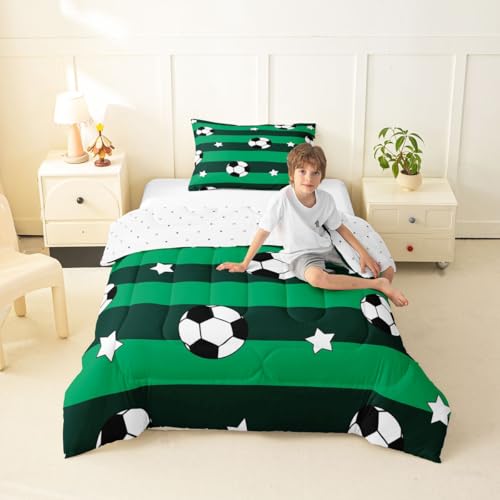 Image of Feelyou Soccer Comforter Set Twin Size Kids Football Pattern Games Bedding Set for Boys Girls Teens Sports Theme Green Geometric Stripes Duvet Quilt Room Decor
