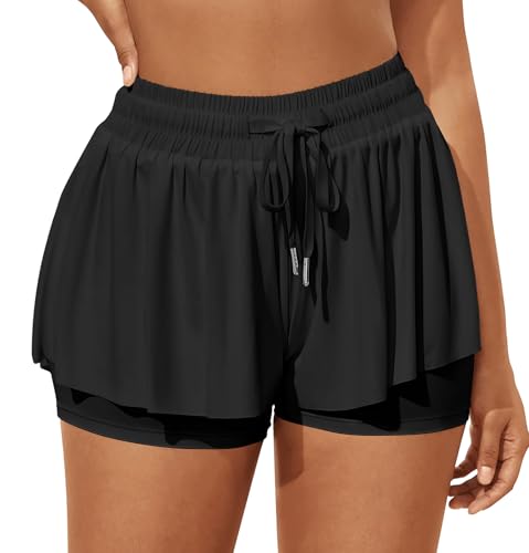 GOBLES Women's Summer High Wide Waistband 2 in 1 Butterfly Workout Athletic Tennis Shorts