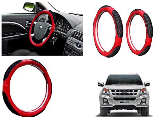 Image of Microfiber Car Steering Wheel Cover, Soft Padding Great Hand Feel, Anti-Slip, Faux Leather Steering Cover for Isuzu MU 7 2014 | Black Red Jali - Pack of 1