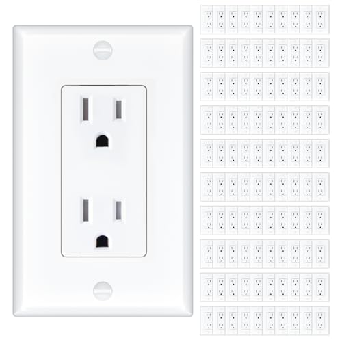 Amico 100 Pack 15 Amp Outlet, Standard Electrical Outlets, Tamper Resistant, 2-Pole 3-Wire Wall Outlet, 125V/1875W, NEMA 5-15R, Wall Plates And Screws Included, for Home And Business, White, UL Listed