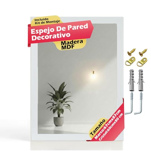 CHELY INTERMARKET MOD128 Espejo Pared Vertical Decorativo Grande Estilo Moderno Marco Madera Cuerpo Entero Elegante 60x80 cm Blanco Liso Ideal Recibidor Dormitorio Baño Incluye Kit Montaje