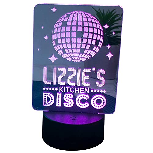 Personalised Kitchen Disco LED sign. Multi colour light up lamp. Retro mirror ball boom box designs.