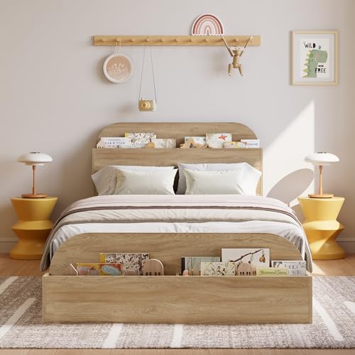GarveeHome Twin XL Size Bed Frame, Wooden Beds with Storage Headboard and Raised-Foodboard, Twin XL-Floor Low Platform Bed for Bedroom, Sturdy Wooden Slats Support, No Box Spring Needed, Nat