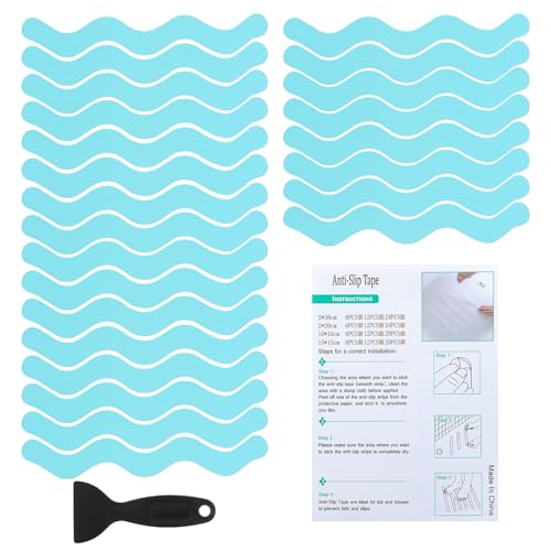 PATIKIL Bathtub Non Slip Stickers 7.87x0.79 Inch, 24 Pack S-Shape Safety Shower Floor Anti Slip Stickers with Adhesive Decals Scraper for Bath Tub Shower Floor Stair, Blue