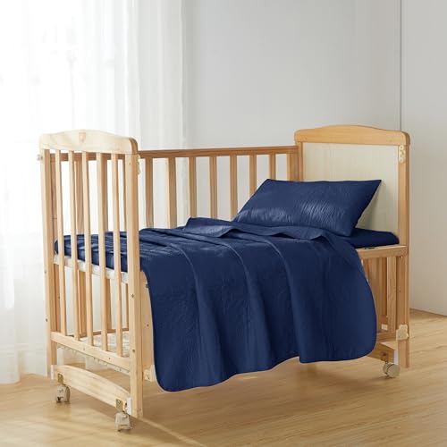 Hearth & Harbor 3-Piece Toddler Bedding Set – Soft, Breathable All-Season Quilt and Coverlet for Kids – Lightweight and Cozy Bedspread - Grid Weave - Navy Blue
