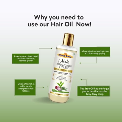 Image of Khadi Rosemary & Onion Hair Oil 200ml | Herbal Oil For Hair Growth, Dry & Frizzy Hair | Non Sticky, Paraben & Mineral Oil Free | Suitable for All Hair Types | Daily Use for Men & Women