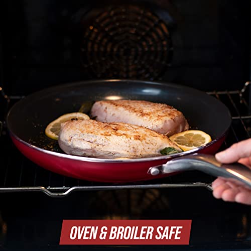 Image of Blue Diamond 12 inch Nonstick Frying Pan Skillet, Diamond Infused PFAS & PTFE-Free Ceramic Pot, Dishwasher & Oven Safe, Stay Cool Handle, Durable Non Toxic Metal Utensil Safe, Egg & Omelet Pan, Red