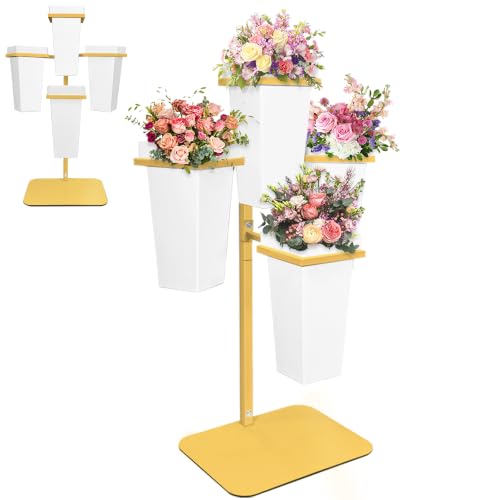 PROLEE Flower Display Stand with Buckets, Wedding Flower Cart Display Stand with Wheels,Flower Stand for Wedding Party, Events and Garden Decor (White)