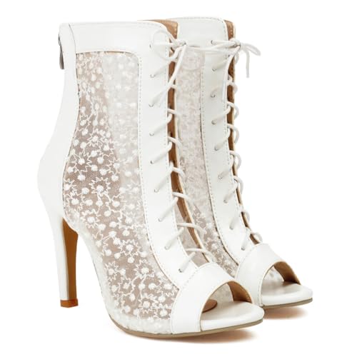 Women's Peep Toe Stilettos High Heeled Sandals Fashion Mesh Lace Up Zip Ladies Dance Dressy Ankle Booties2