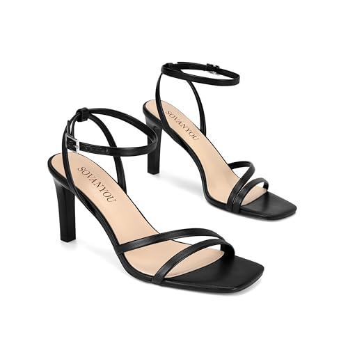 Image of SOVANYOU Heeled Sandals for Women Dressy Square Open Toe Strappy High Heels with Ankle Strap for Wedding Party Daily Wear