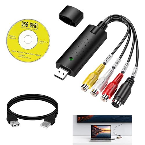Convertisseur VHS vers Numérique USB, Carte Capture Vidéo Hi8 RCA S-Vidéo vers DVD, Adaptateur Audio Vidéo Analogique pour PC, Numérisation de Cassettes VHS,...