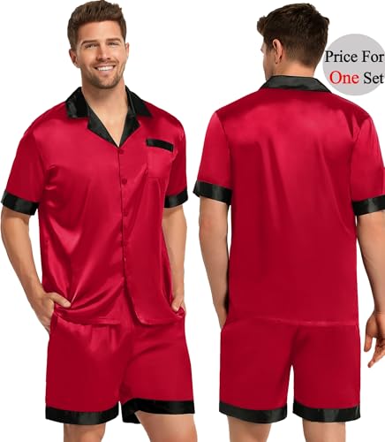 SWOMOG Couples Pajama Set Women & Men Silk Satin Short Sleeve Set Top and Shorts Sleepwear Soft Button-Down Loungewear3