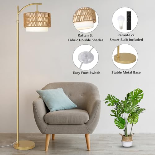 Image of Gold Floor Lamps for Living Room with Remote & Dimmable LED Bulb, Modern Arc Floor Lamp with 3 Color Temperatures, Boho Standing Lamp with Rattan & Fabric Shades, Adjustable Tall Lamp for Bedroom