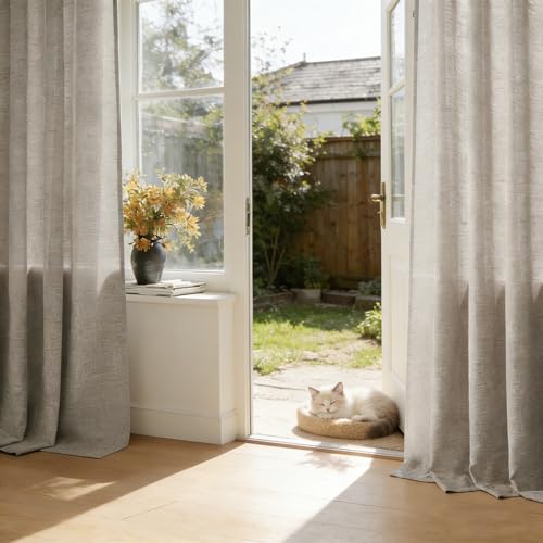 Topfinel Gardinen Vorhänge mit Ösen, Vorhang Leinen 140x245cm (BxH), Halbtransparent Gardine Leinenoptik Modern für Wohnzimmer Schlafzimmer Kinderzimmer 2er Set Taupe