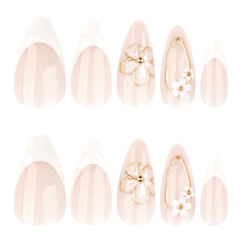 Image of Secret Lives Glossy Nude & White Tip Press-On Nails - 3D Floral Design with Gold Stud Accents Almond Shape Wearable False Nails 24-Pieces Set with Kit