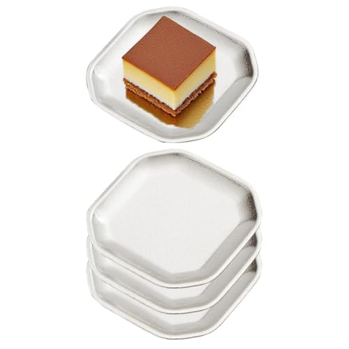 SANQIAHOME Assiette aplatissante délicate, carrée, en acier inoxydable, 12x12 cm, set de 4, argentée, adaptée aux entrées, desserts, gâteaux, salades,...
