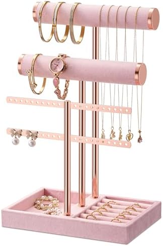 Schmuckständer Organizer, Schmuckaufbewahrung, Samt-Armbandhalter, Rosa | Schmuckbaum mit 3 Ebenen, Schmuckhalter, Abnehmbarer T-Steg Schmuck Organizer für Armband, Halskette, Uhre