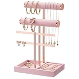 Josmimic Schmuck Organizer mit 3 Ebenen - Rosa Schmuckständer Armbänder, Abnehmbarer T-Steg Schmuck Ständer, Samt-Armbandhalter, Schmuckhalter für Armband, Halskette, Uhren, Ringe