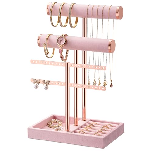 bussdis 3 Tier Bracelet Holder Display - Detachable T Bar Pink Velvet Bracelet Holder Jewelry Holder Organizer for Bracelet Necklace Earrings Rings