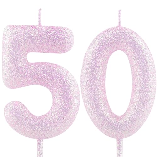 Cxryrzhe 50th Birthday Candle Number 50 Pink & Purple Iridescent Glitter Candles Cake Topper Decorations for Girls Women Anniversary Party Decor Supplies