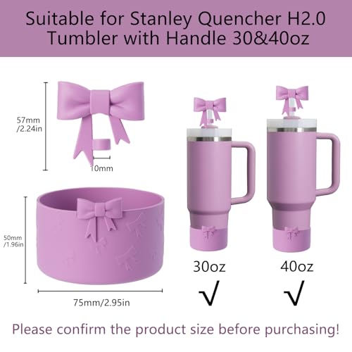 Oddyami Cup Accessories Set for Stanley,Including 1Pcs Cute Bow Straw Cover Caps 10mm Reusable Straw Toppers,1Pcs Silicone Boot Sleeve for Stanley Quencher H2.0 Tumbler with Handle 30&40oz, Lilac
