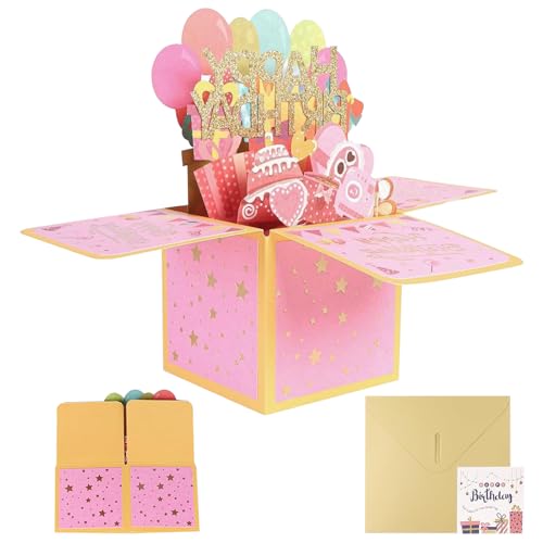 Jotia Birthday Pop Up Card with Envelope, 3D Happy Birthday Pop Up Greeting Boxed Cards, Greeting Card, Birthday Card, Anniversary Pop Up Cards Birthday Gift Card for Girls (Pink & Gold)