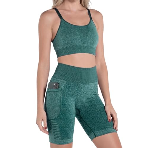 DEMILLUS Conjunto Top e Bermuda Violino Ultraleve Microfibra Elástica Sem Costura Fitness Feminino Adulto, Verde Esmeralda, Veste G e GG