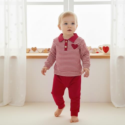 Amnnchya Toddler Baby Boy Valentines Outfit Heart Stripes Sweatshirt Solid Pants Kids Little Boys St Patricks Clothes Set (Red, 6-12 Months) - Thumbnail 2