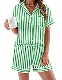 Ekouaer Womens Silk Satin Pajamas Sets 2 Piece Short Sleeve Sleepwear Button Down Top and Shorts Pjs Lounge Wear Sets,Green Striped,S