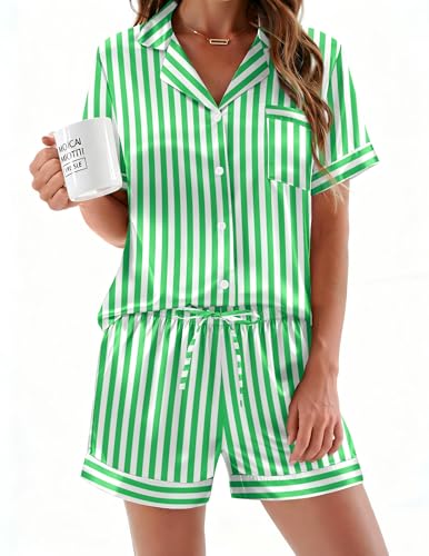 Image of Ekouaer Silk Pajamas for Women Button Down Sleepwear 2 Piece Pjs Shorts Set | Classic Short Sleeve Notch Neck Lounge Set with Pockets,Soft Cute Pj Set,Bridal Gifts,Pajama Party,Maternity Outfits