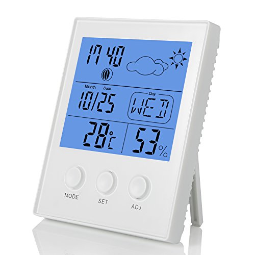 Fitfirst Termómetro Higrómetro Termohigrómetro Digital Reloj Despertador Retroiluminación Azúl Medidor Temperatura Humedad Interior Monitor LCD Pantalla Mostrar Tiempo, Fecha, Hora, Semana, etc.
