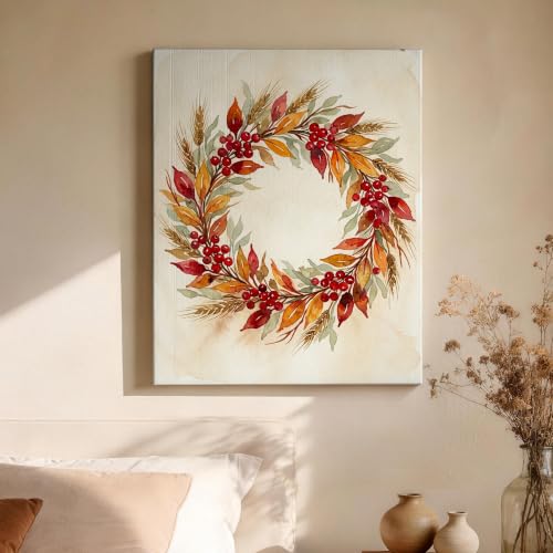 Lienzo decorativo de hojas y bayas en rojo otoño, cuadro rústico de 40x50 cm para salón 4