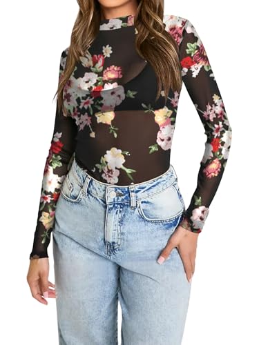 Womens Mesh Sheer Tops Long Sleeve Mock Neck Sexy See Through Shirts Floral Blouses Y2k Layering Top4