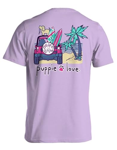 Puppie Love Beach Themed T-Shirt, Short Sleeve, Lavender, Jeep and Surfboard Design, Beach Bum Pup (US, Alpha, XX-Large, Regular, Regular, Lilac)