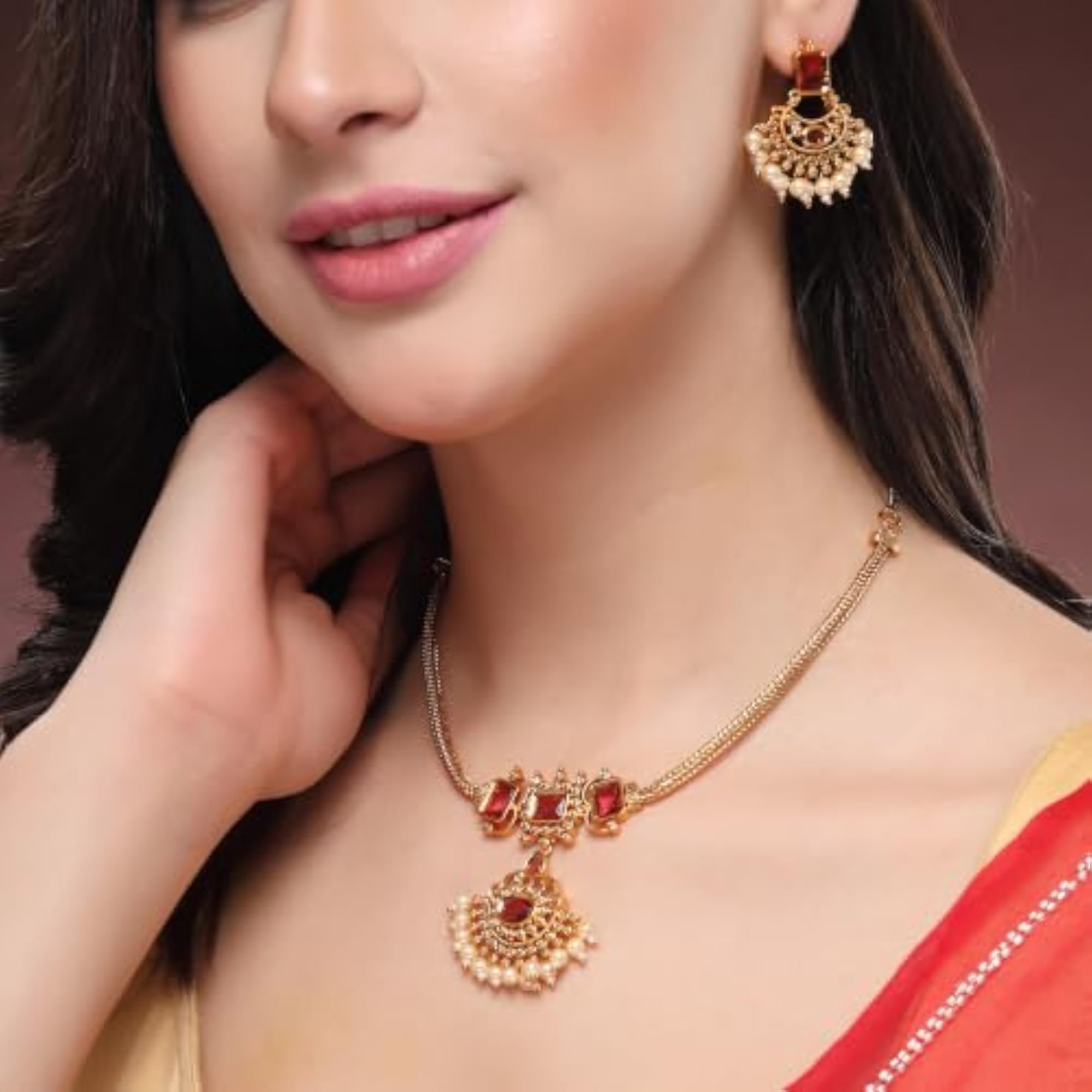 AD Geometric Chandbali Pearl Drop Necklace Set, Gift for Her