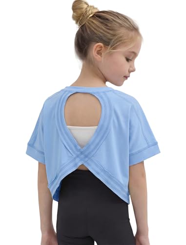 Wenlia Girls Athletic Shirts Short Sleeve Open Back Tops Active Sports Tshirts Quick Dry Workout Crop Tees Activewear, Blue, 9-10 Years, 140