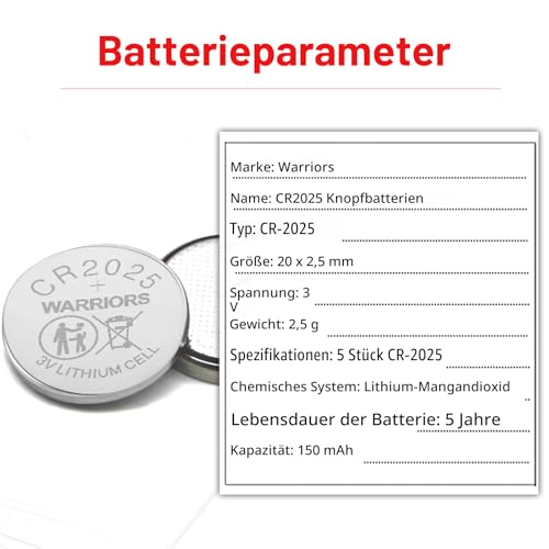Warriors 10X 2025 Batterie Knopfzellen CR2025 Batterien 3V kindersichere Verpackung, für den Einsatz in Schlüsselanhängern, Waagen, medizinischen Geräten. (10X) 4