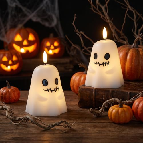 Image of Halloween Spooky Ghost Flameless Candles Battery Operated with Timer | White, Real Wax 3D Wick Flickering, 6H Timer, LED Light, Spooky Halloween Indoor Decor & Gift, 3.5 inch x 5.5 inch, 2 pack