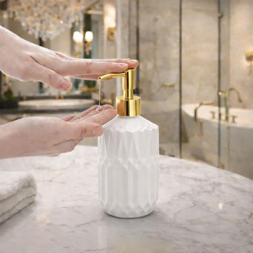 Image of Luxe Home International Geometric Texture Pattern Glass Soap Dispenser for Bathroom and Kitchen Sink Leak Proof Liquid Hand Wash Round Bottle Lightweight Smooth Finish (19x7.5 cm White) Pack of 1
