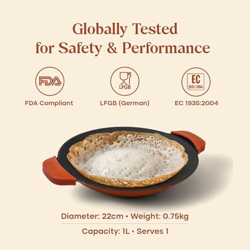 Image of CUMIN CO. Cast Iron Appam Pan | 22 cm | 5 Year Warranty | Non Toxic Non Stick Appachetty Pan | Chemical Free Coating | No Seasoning Needed | Color: Rust